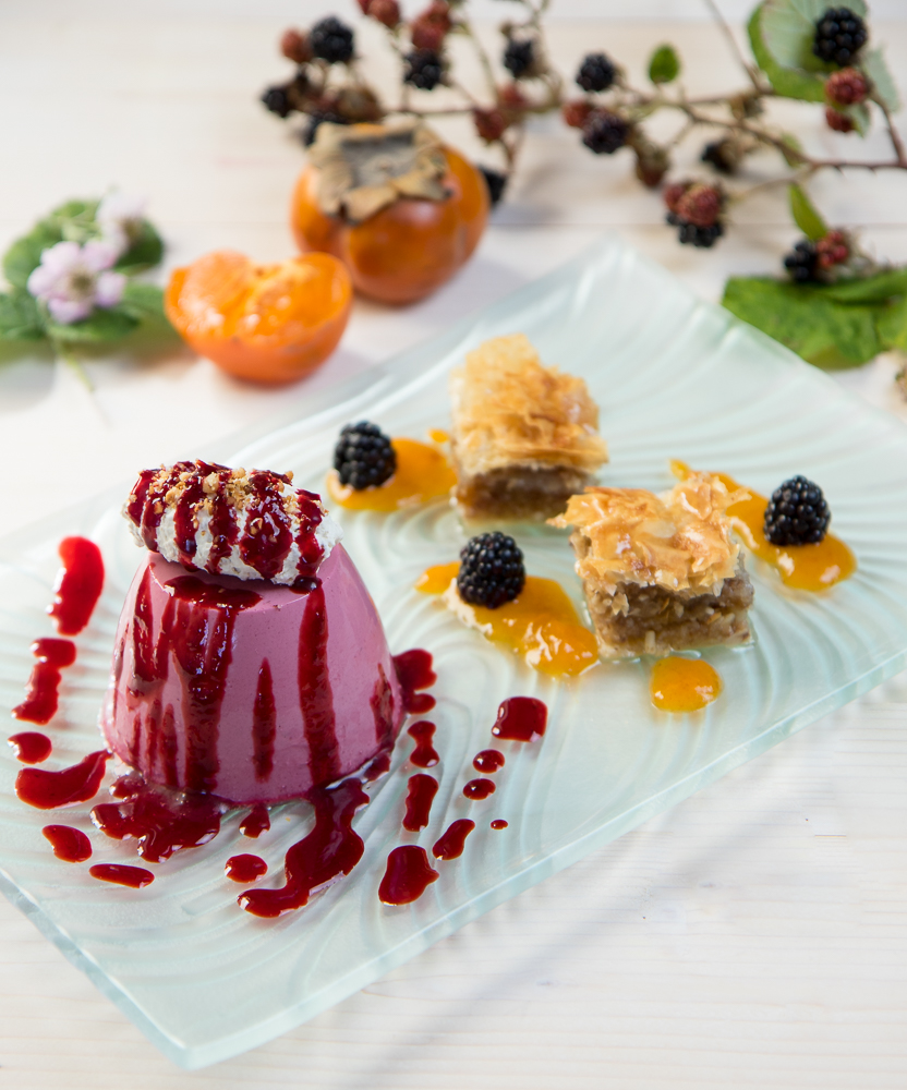 Wild Blackberry Panna Cotta and Baklava Dessert.